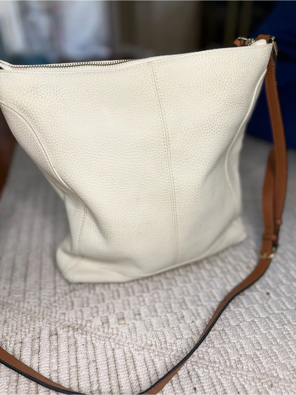 Bostanten Cream White Hobo Crossbody Bag Cognac Brown Gold Hardware Pebbled Bag.